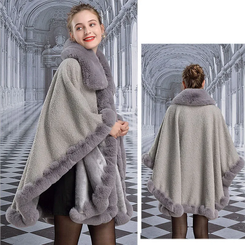 Noble Luxury Faux Rex Rabbit Fur Coat Cape Thick Soft Double-sides Imitated Lamb Wool Overcoat Wide Lapel Women Winter Cloak Big