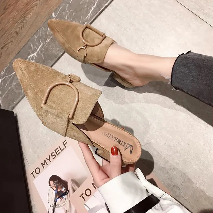 Zapatos de mujer a la moda, zapatillas puntiagudas informales con hebilla y tacón bajo, novedad de verano 2019