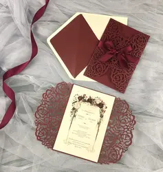 1pcs Burgundy Invitation Card Invitation Cards Wedding marriage Quinceanera Envelope Glitter belt ,band Ribbon birthday party