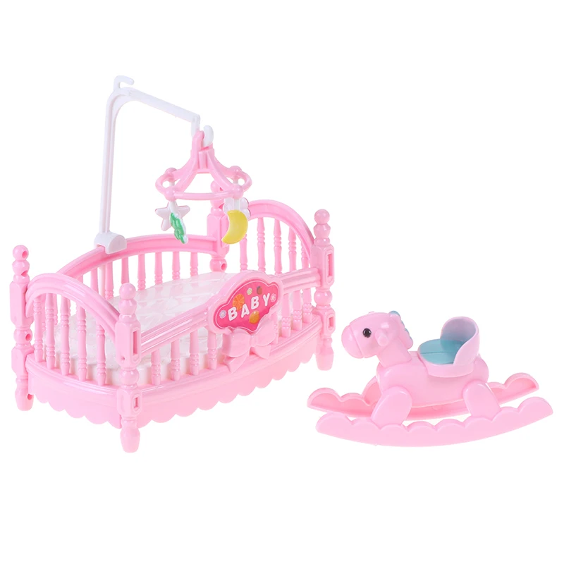 Accesorios de muñeca de princesa de moda rosa para niños, muñeca de plástico, cama de cuna en miniatura y caballo de madera, regalo para niñas, más