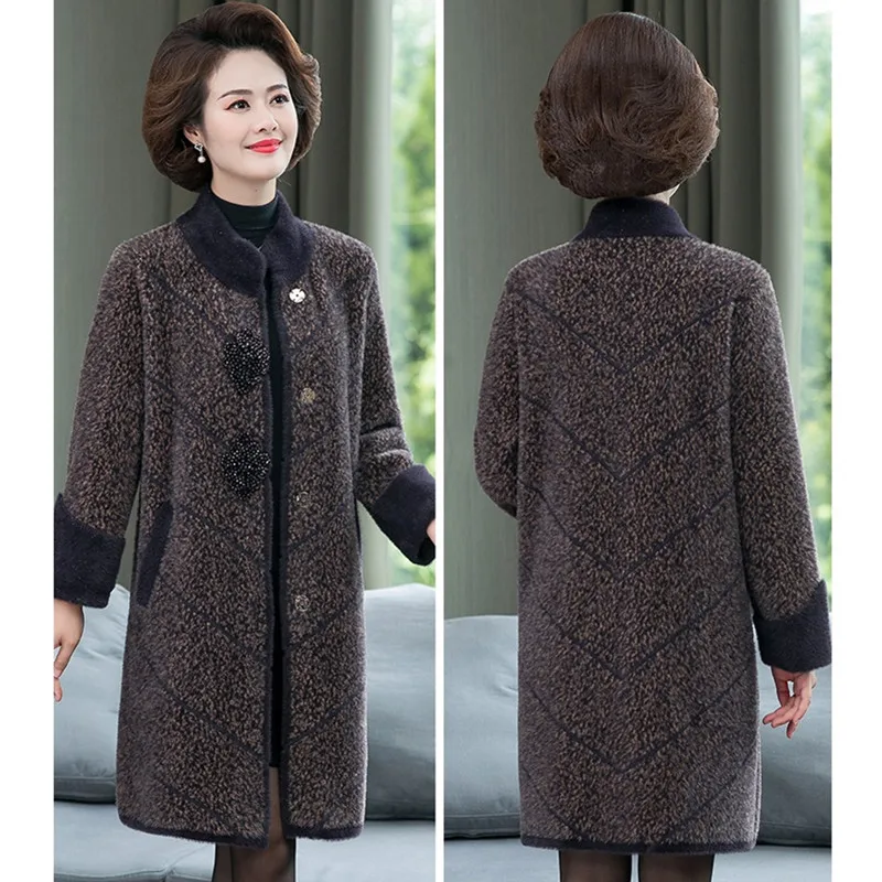 UHYTGF Autumn Winter Coat Women Quality Mink Fleece Casual Female Woolen Jacket Mid-Length Loose 6XL Big Size Outerwear 1075