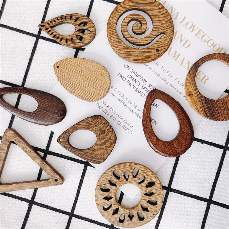 6PCS Diy Jewelry Accessories Natural Wood Geometric Texture Retro Brown Drop-shaped Circular Triangle Handmade Earrings Pendants