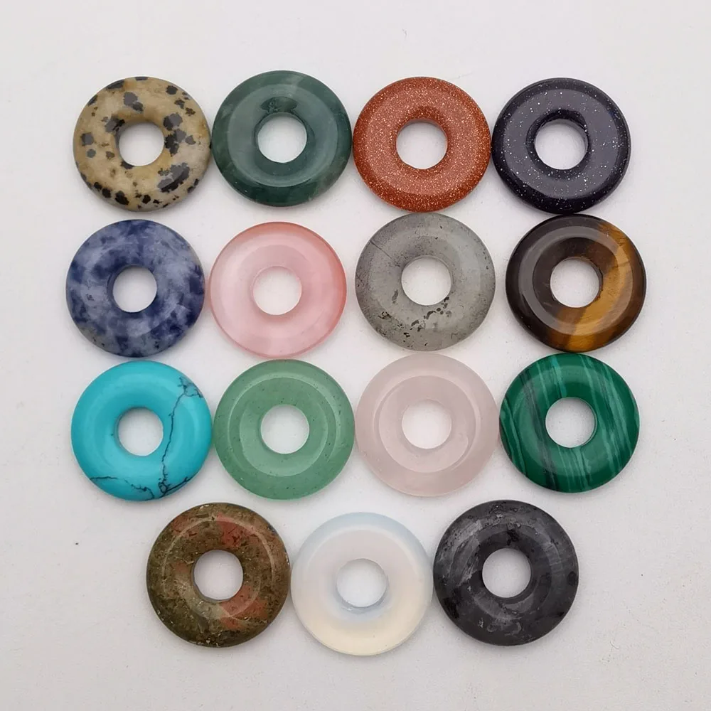 

Natural assorted stone 18mm mix circle donut charms pendants high quality for jewelry making 15pcs/lot wholesale