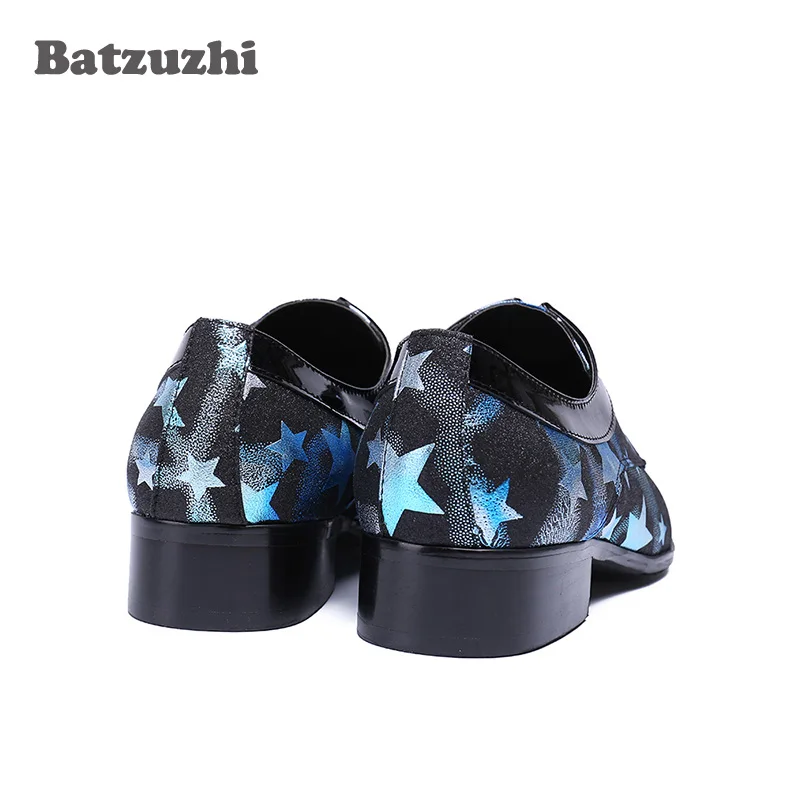 Handmade Dress Shoes Men Pointed Toe Black Blue Genuine Leather Shoes Men with Stars Lace-up Party, Runway Business Shoes Men