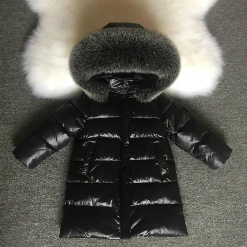 NEW Fashion Girls Winter Coats for Boys Child Down Jackets Outerwear Waterproof Medium-long Thick Real Fur Hooded 1-14Y