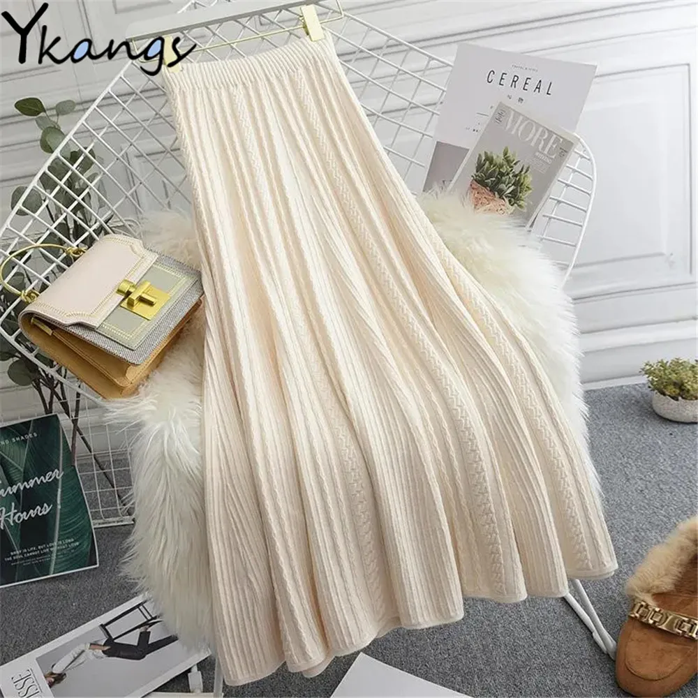 

2021 New Thicken Women'S Knitted A-Line Pleated Skirt Elegant Autumn Winter Warm Solid Color High Waist Warm Long Skirts Female