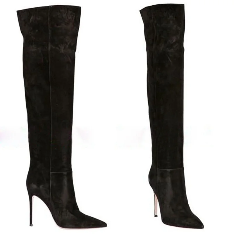 Burgundy Suede Women Knee High Boots Pointed toe Stretch Stiletto High Heels Winter Long Boots Customized