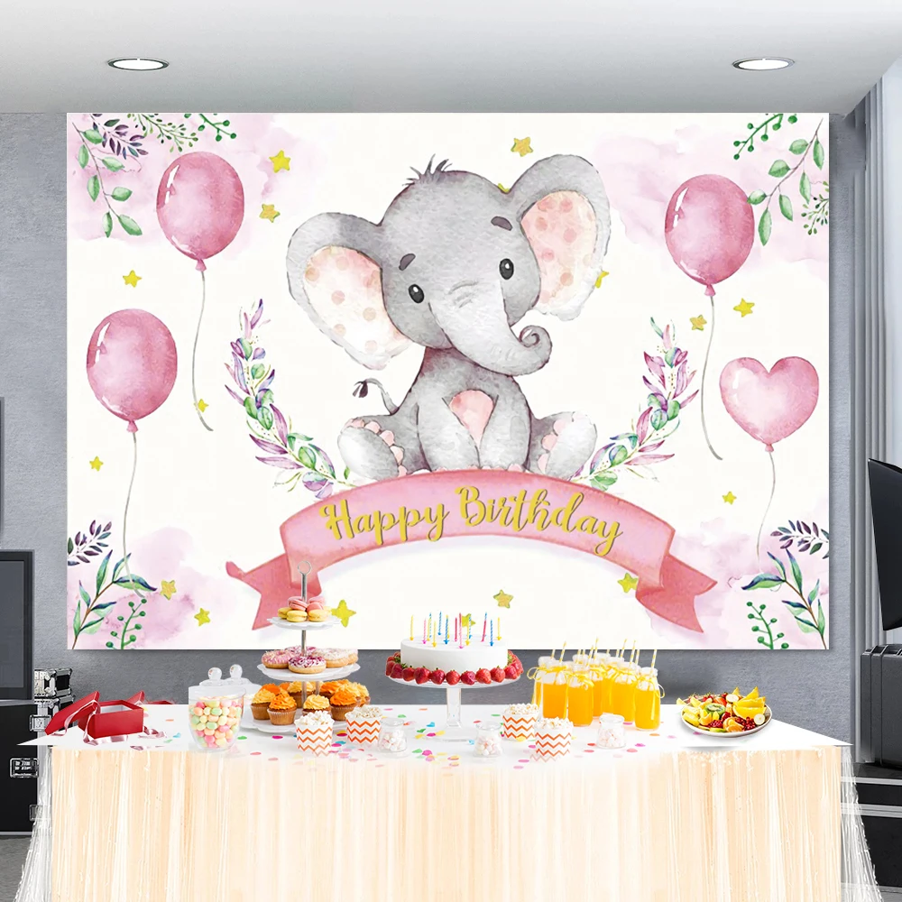 Sweet Pink Elephant Birthday Backdrop Newborn Baby Shower 1st Birthday Party Banner Poster Customized Photography Background