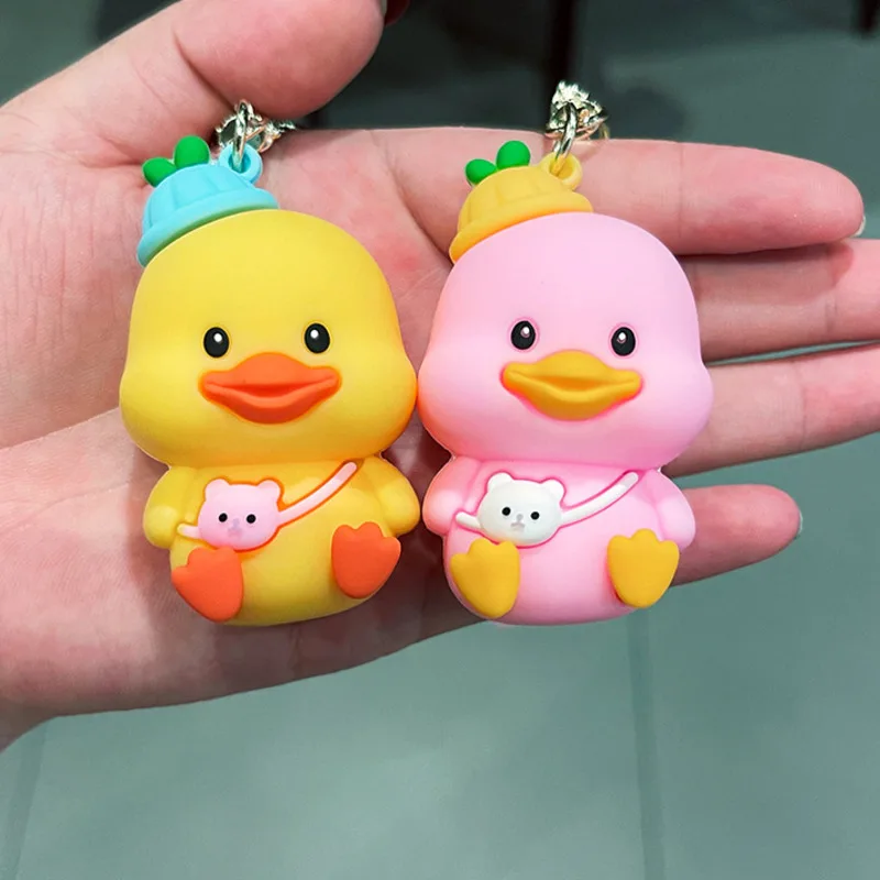 PVC Satchel Duck Keychain Cute Creative Yellow Pink Duckling Candy Trinket Car Keyring Schoolbag Pendant Soft Rubber Doll