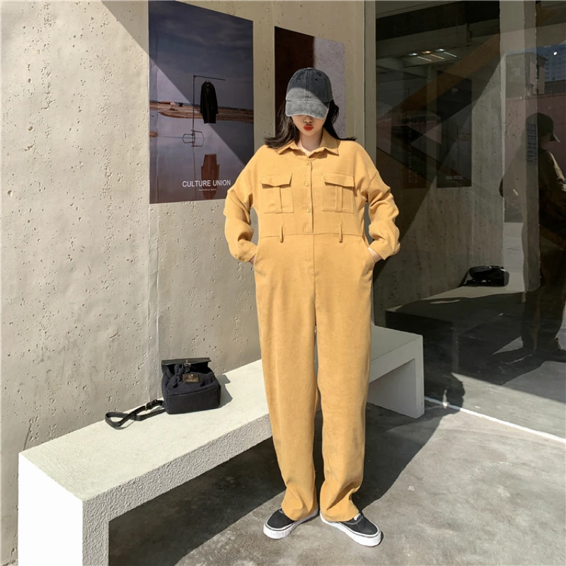 2021 New Women Spring Casual Wide Leg Long Jumpsuits Full Sleeve Single Breasted Loose Rompers with Sashes