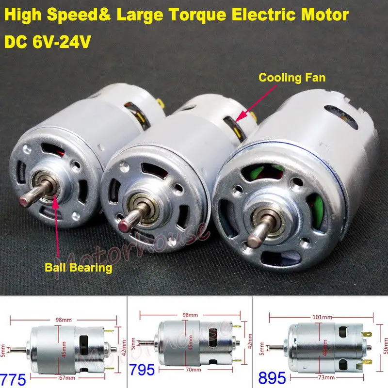 RS-775/795/895 Carbon Brush Motor DC 6V 12V 18V 24V High Speed High Power Large Torque with Ball Bearing Cooling Fan for Drill