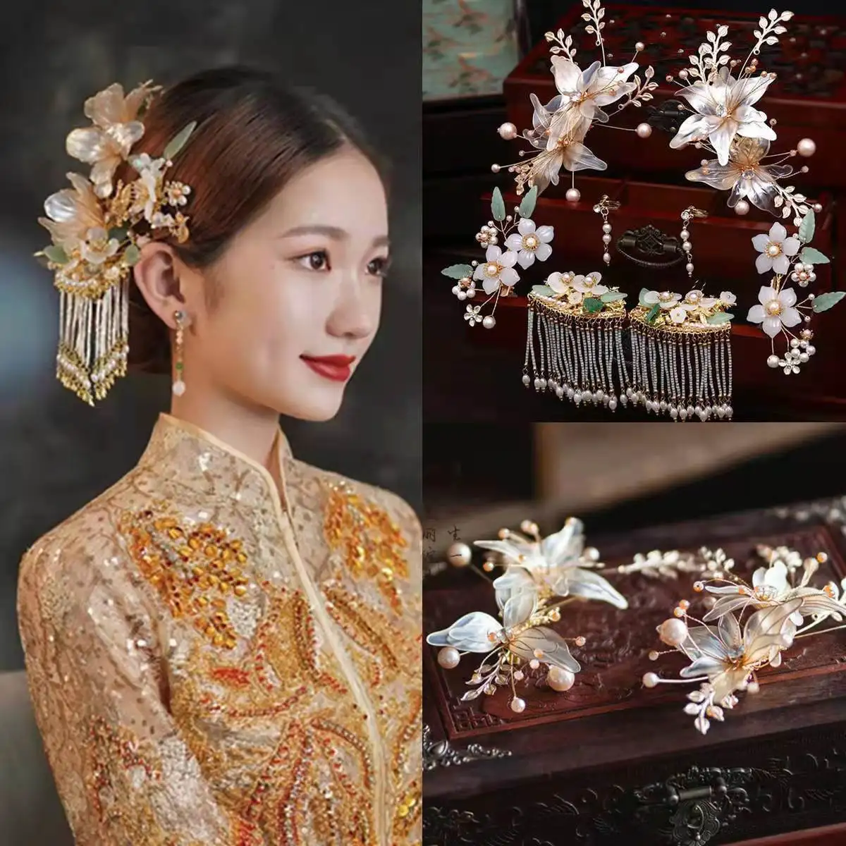 Oriental Chinese Vintage Wedding Bridal Hair Accessories Classical Pearl Beaded Tassel  Coronet Xiuhe Hairwear