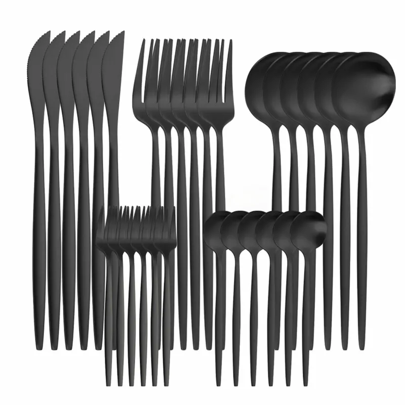 

30Pcs Black Cutlery Sets Matte Dinnerware Set Stainless Steel Diner Knives Forks Spoons Teafork Coffee Spoon Set Tableware