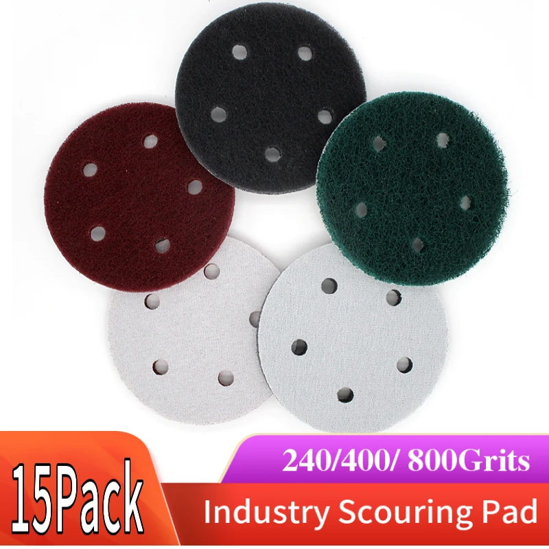 15PCS 5 Inch 5-Hole Multi-purpose Flocking Scouring Pad 240-800 Grit Industrial Heavy Duty Nylon Cloth for Polishing & Grinding