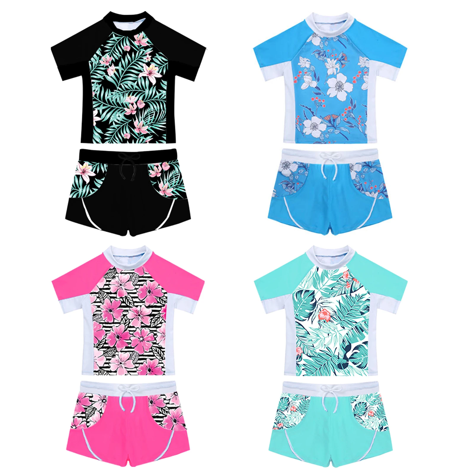 Kids Girls 2 Piece Rash Guard Set Swimwear Floral Print Short Sleeve Swim Shirt with Booty Shorts Tankini Swimsuit Bathing Suit