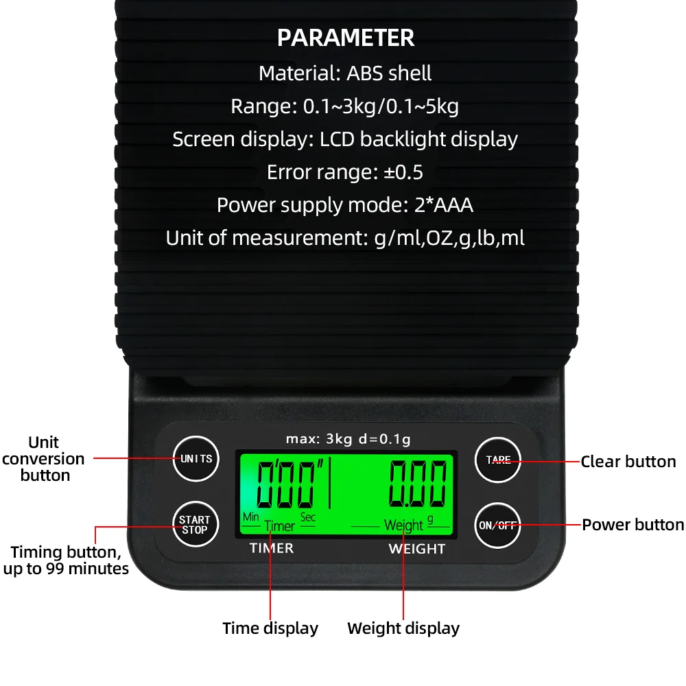 High Precision Coffee Scale Electronic Scale LCD Backlight Kitchen Scales 3kg/0.1g 5kg/0.1g Digital Scales With Timer