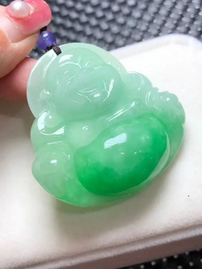 

Nature Myanmar emerald green Jade Happy Buddha Pendant jadeite Amulet Lucky churinga