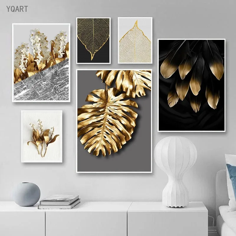 

YQART Golden Plant Leaves Wall Poster and Print on Canvas Nordic Style Wall Art Decorative Pictures for Modern Living Room Decor