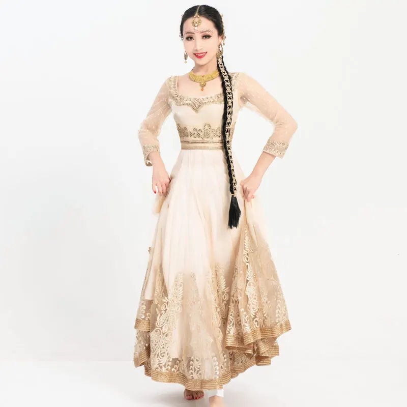 New Indian Dance Dress Bollywood Golden Saree Suit Pakistani Performance Clothes Oriental Dance Stage Costumes For Women DQL6602