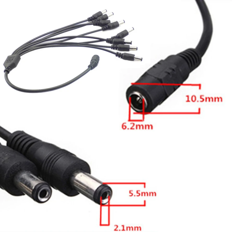 1Pcs DC12V Power Cord 1 Female to 2/3/4/5/6/8 Male Cable Camera Cable CCTV Accessory Power Supply Adapter for LED Strip/Security