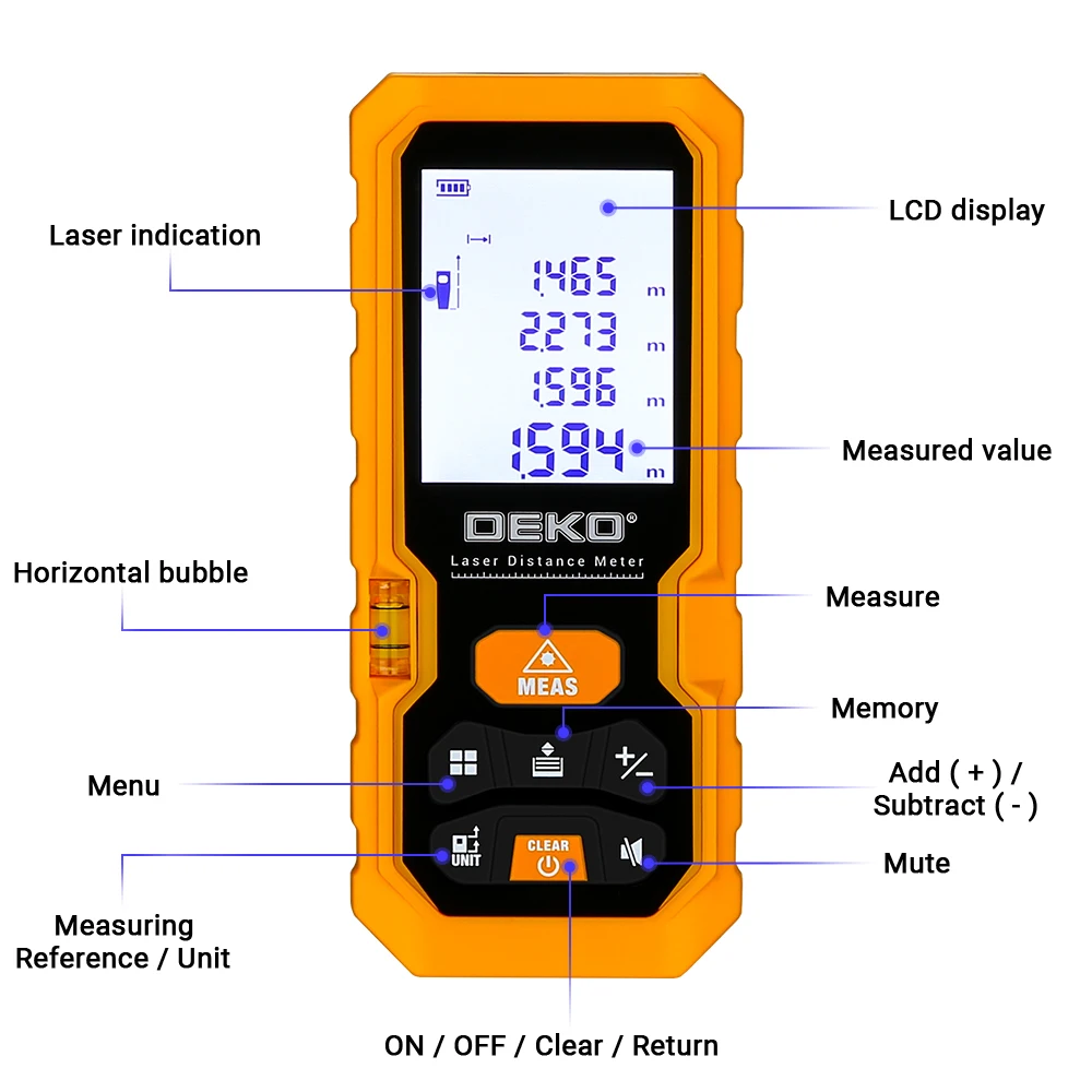 Deko handheld laser medidor de distância mini laser rangefinder laser faixa de fita diastímetro medida 40m 60m 80m 100m