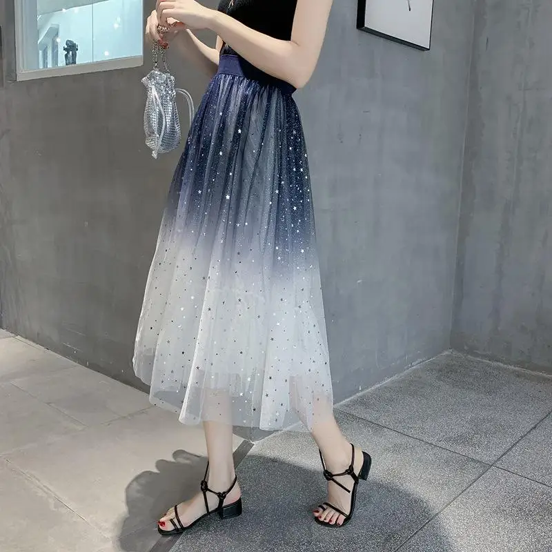 Summer Women's Skirt Harajuku Fashion Sequins Hot Silver Mesh Gradient Color Puff Skirt Large Size Festive Pleated Mini Skirt