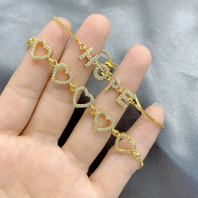 

5Pcs/Lot Adjustable Box Chain Cubic Zircon Hope Words Heart-shaped Wrist Bracelet