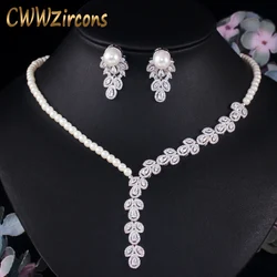 CWWZircons Dangle Drop Cubic Zirconia Simulated Pearl Necklace Earrings Women Party Wedding Costume Jewelry Set for Brides T452