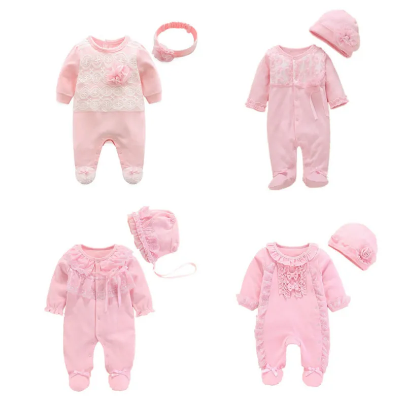 Newborn Baby Jumpsuit With Footies Cotton Pink Lace Ruffle Footies Long Sleeve Jumpsuit Outfit 0 3 6 Months Baby Girl Clothing