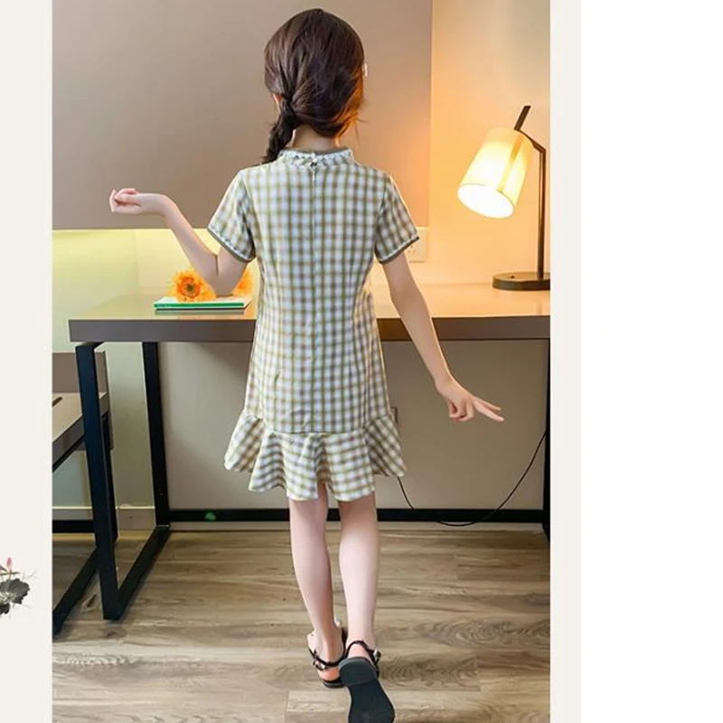 Formal Gowns Lovely Girls Cheong-sam Chinese Traditional Kid Plaid Dresses Children Perform Qipao gift simple vestido robe