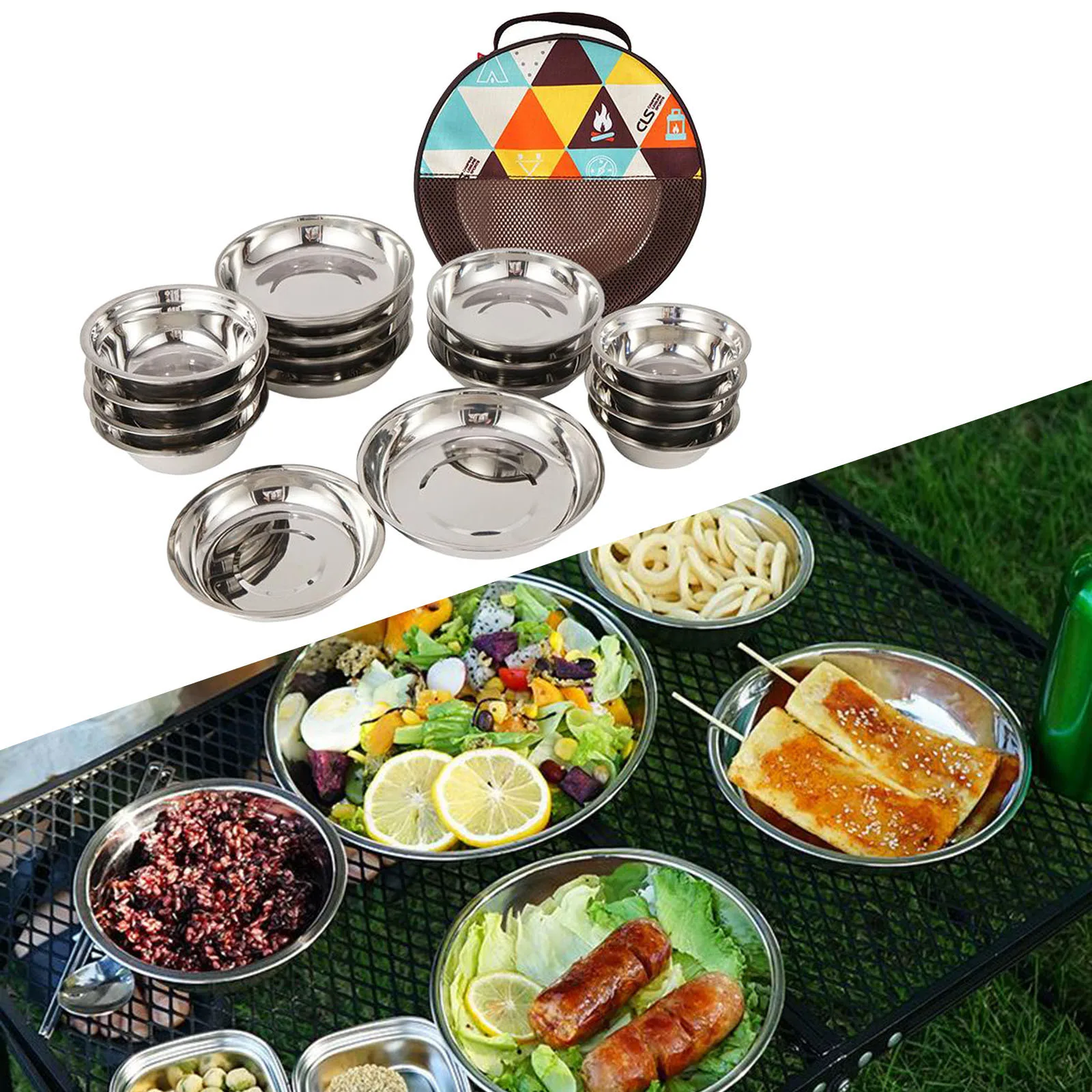 1 Set of 17Pcs Camping Mess Kit Outdoor Tableware Stainless Steel Plate Bowl with Storage Bag for Hiking Travel Picnic