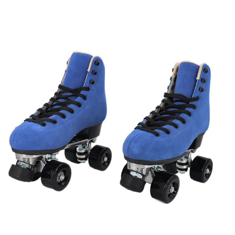 Mens Suede Quad Roller Skate Double Line Skate 2 Row Blue Skating Shoes Retro Unisex Sport Patines Sliding Gears Size 33-48