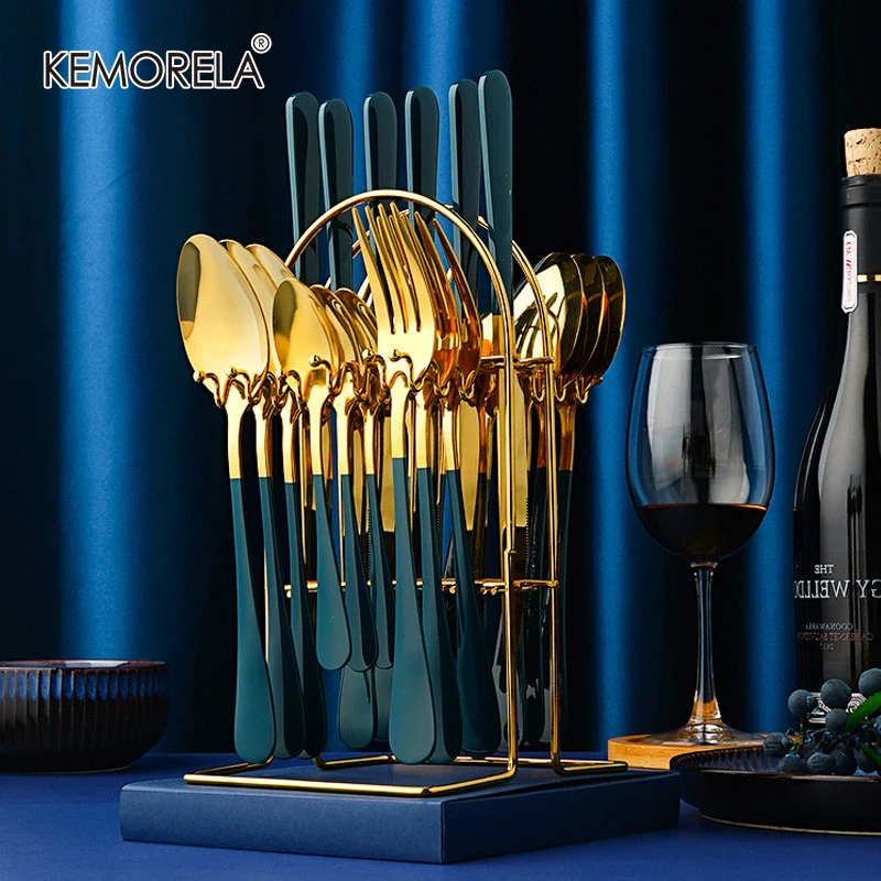 24pcs Gold Dinnerware Set Stainless Steel Knife Fork Spoon Tableware Set  Luxury Cutlery Set With Storage Rack Dishwasher Safe