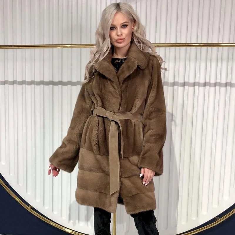 BFFUR Fashion Real Fur Coat Women Mink Fur High Quality Luxury Middle Length Natural Genuine Hooded Mink Coat with Belt