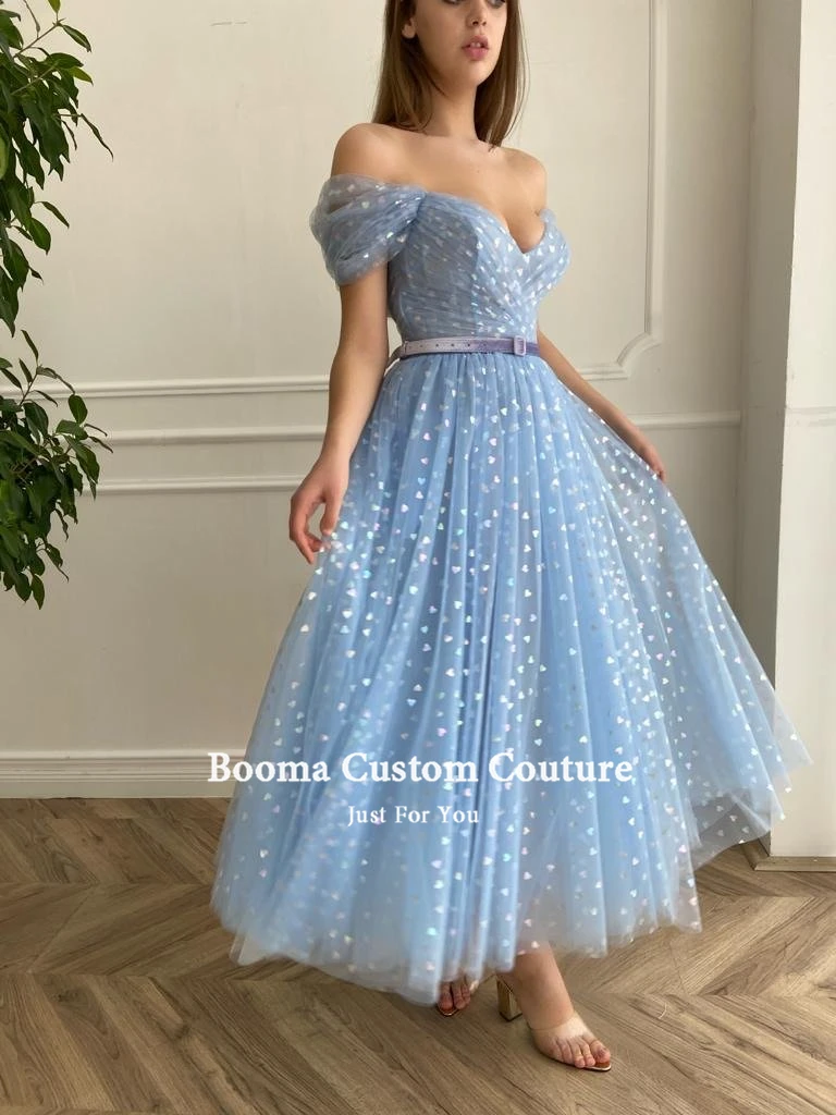 Booma Fairy Blue obfite suknie balowe 2022 Off the Shoulder V-Neck Midi suknie na bal maturalny plisowane Tea-Length-line suknie na przyjęcia weselne