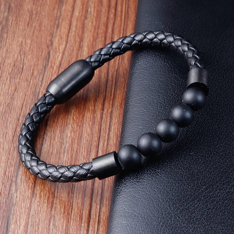 Charm Rope Stainless Steel Magnetic Natural Stone Leather Man Bracelet Beaded Braclet Volcanic Stone bracelet bangles Chain Gift