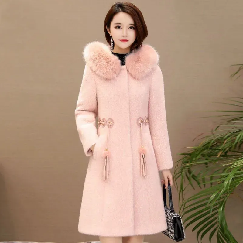 Gold Mink Coat Women Mid-Length 2024 Winter New Jacket Thickened Warmth Imitation Mink Outwear Ladies Hooded Woolen Overcoat Top