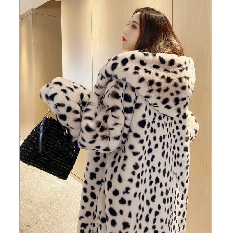 2023 Winter Fur Coat Women Leopard Print Mink Fur Plush Jacket Women Long Hooded Korean Loose Thick Warm Female Parker Jacket