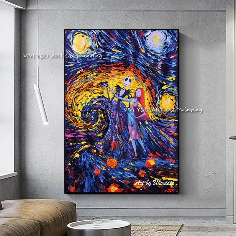 

HandmadeUhomate Jack Sally Jack Oil Painting Canvas Paintings Wall Art Picture Posters Home Decoration Cuadros Halloween Gift