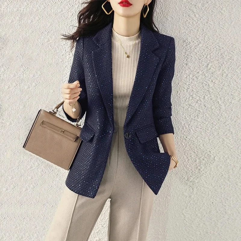 

High-End Women Tweed Blazer Jacket V-Neck Single Button Shiny Short Suit Coat Office Lady Slim Fashion Casual Autumn Outerwear