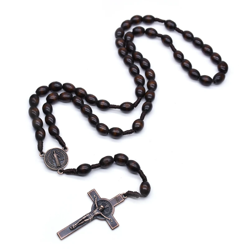 QIGO Rosary Necklace Vintage Jesus Cross Catholic Brown Wood Beads Prayer Religious Jewelry For Men Women