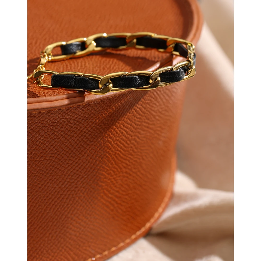 Yhpup Trendy Leather Chain Bracelet Jewelry Stainless Steel Metal Texture 18 K Statement for Women Bijoux Femme Fashion Men New