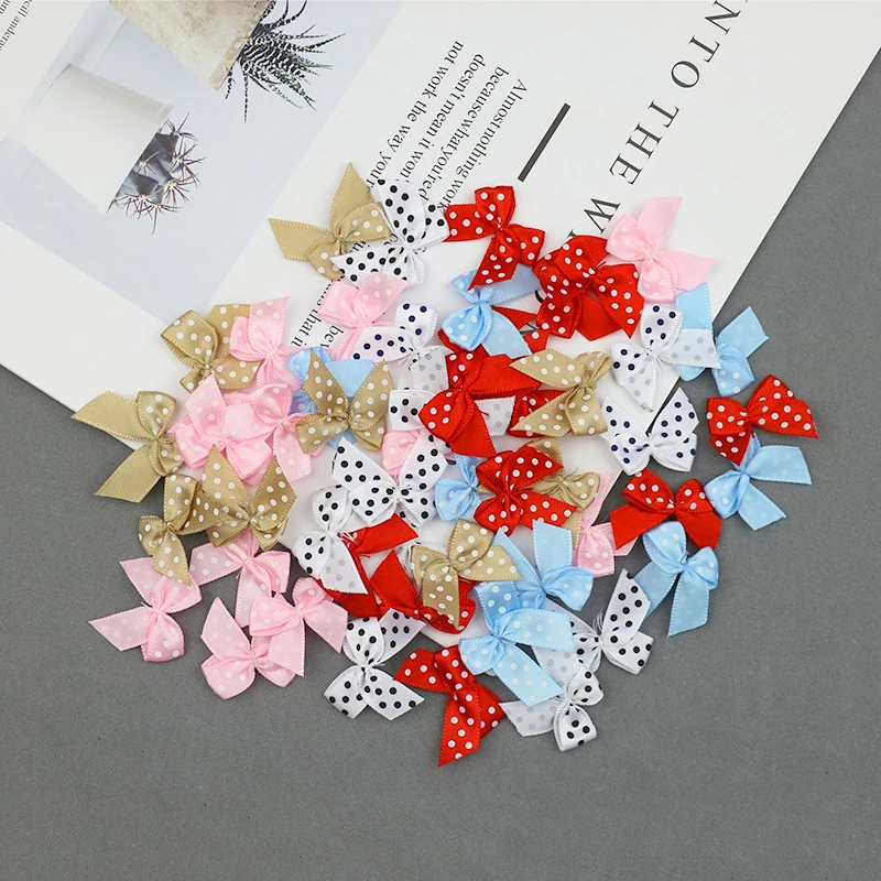 100Pcs Solid Color/Dots Satin Ribbon Bows DIY Craft Supplie Gift Packing Bowknots Hair Accessories Ornaments Sewing Appliques