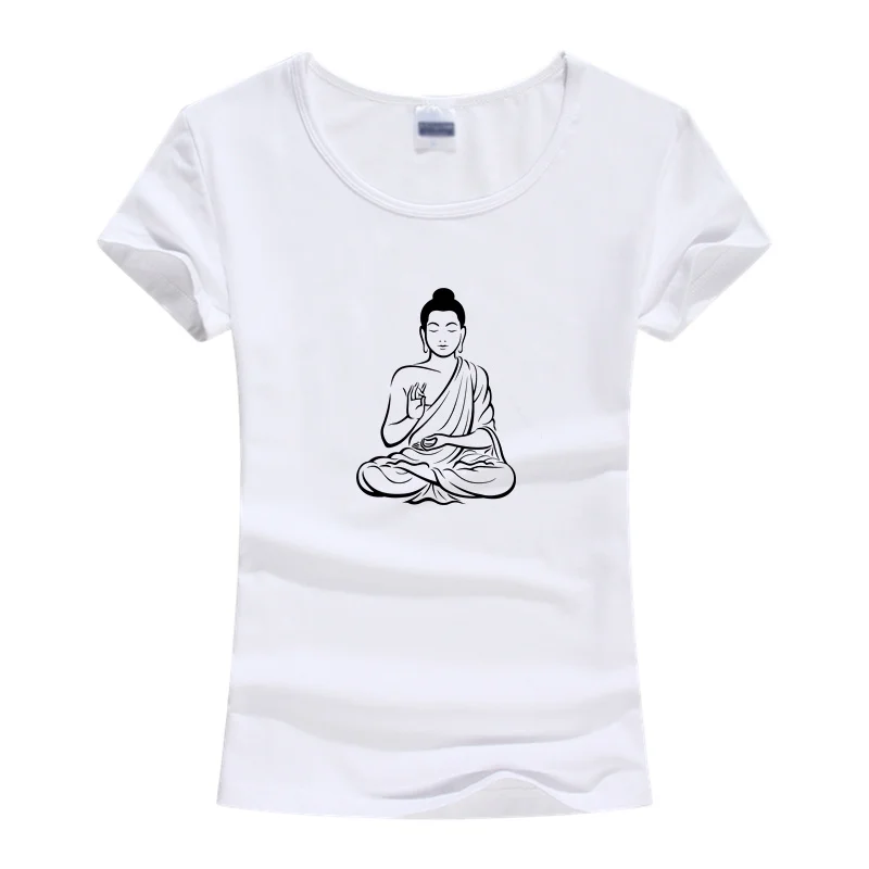 

New Summer Fashion Design Meditation Buddha T-shirts Women Buddhism Tops Print Slim White and Black T Shirt S-XXL