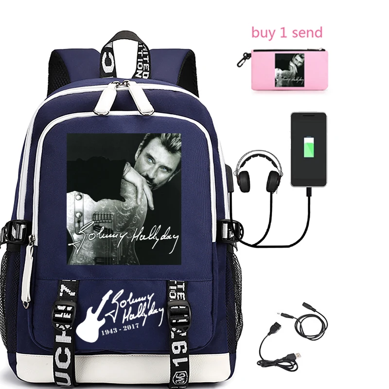 Trọng Lượng Nhẹ Nylon Unisex Trẻ USB Ba Lô Nam Nữ Sinh Viên Đại Học Johnny Hallyday Học Túi Máy Tính