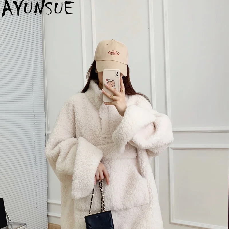 AYUNSUE Sheep Shearling Coat Women Winter 2021 Oversize Short Black Fur Coats Female Pullover Wool Jackets Manteau Femme Gxy187