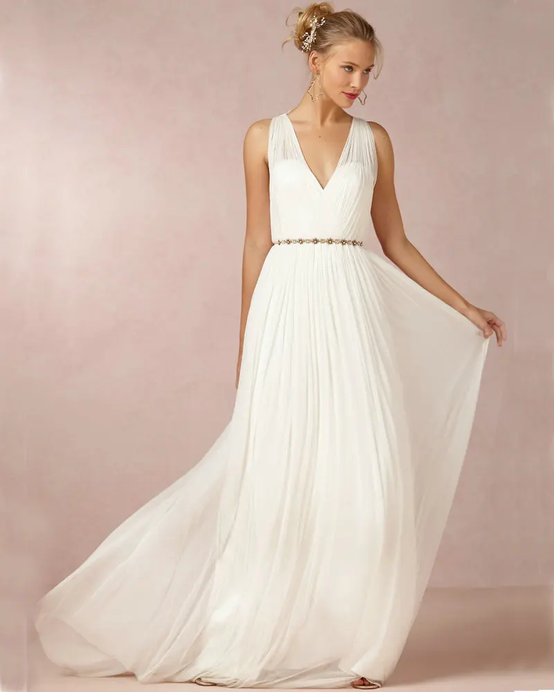 

Ivory Chiffon Open Back 2020 Greek Style Vestidos Wedding Sleeveless Floor Length Sexy Wedding Bridesmaid Dresses