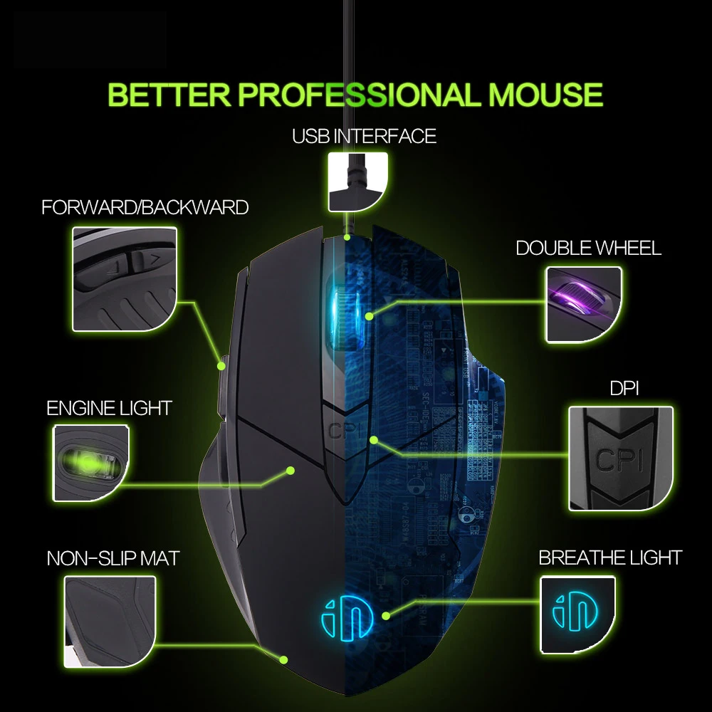 Inphic PW1 เมาส์สําหรับเล่นเกม 6 ปุ่ม Macro Definition Glowing Mute Mouse 4000DPI Optical USB แบบมีสายเม้าส์สําหรับ PC Notebook
