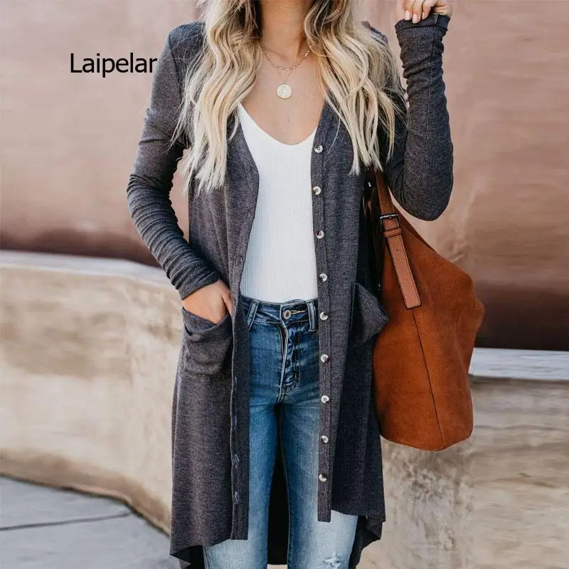 Women V Neck Button Pocket Long Sleeve Open Front Knit Sweater Cardigan Lady Fashion Casaul Solid Color Long Jacket Outwear Coat