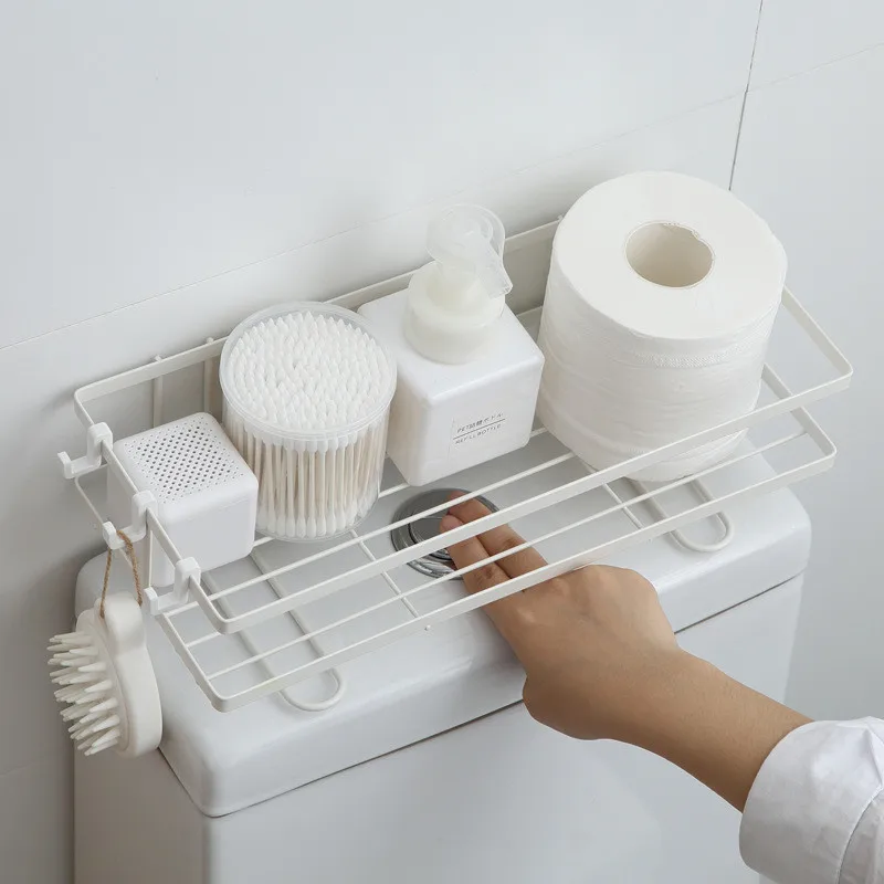 New Metal Over Toilet Organizer Shelf Bathroom Shampoo Shower Gel Storage Rack With Hooks Washroom WC Hollow Draining Racks